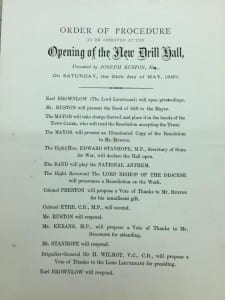 Original documents from the opening of the Lincoln Drill Hall in 1890.